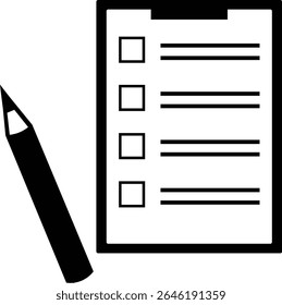 Monochrome icon illustration of a medical questionnaire and pencil