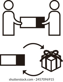 
Monochrome icon illustration set of handing over tickets and exchanging them for gifts