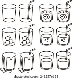 Monochrome icon illustration set of juice in a glass