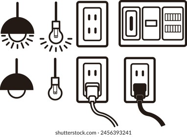 Monochrome Icon Illustration Set von Beleuchtung und Miniatur-Glühbirnen, Steckdosen und Stecker und Schalter