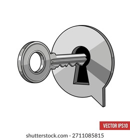 Icono monocromo de una llave insertada en un ojo de cerradura en forma de burbuja de discurso, que simboliza el acceso a la comunicación, desbloquear secretos o encontrar una solución.