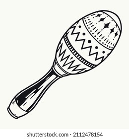 Monochrome icon of maraca instrument with various ornaments, isolated vector illustration