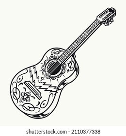 Monochrome icon of painted acoustic guitar, isolated vector illustration