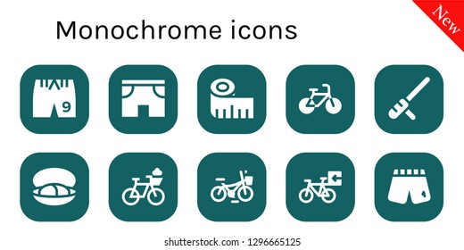  monochrome icon set. 10 filled monochrome icons. Simple modern icons about  - Shorts, Measuring tape, Bicycle, Baton, Mussel