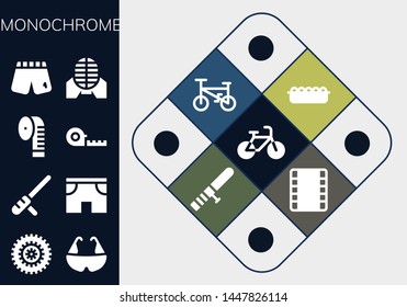 monochrome icon set. 13 filled monochrome icons.  Simple modern icons about  - Bicycle, Baton, Shorts, Measuring tape, Martial arts, Sand, Film strip