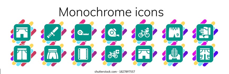 monochrome icon set. 14 filled monochrome icons. Included Shorts, Short, Baton, Measuring tape, Film strip, Bicycle, Martial arts icons