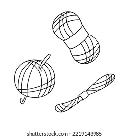 Monochrome icon set, a ball of knitting thread with a metal hook, yarn, vector illustration in cartoon style