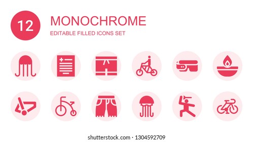 monochrome icon set. Collection of 12 filled monochrome icons included Jellyfish, Prescription, Shorts, Bicycle, Smart glasses, Martial arts, Oil lamp