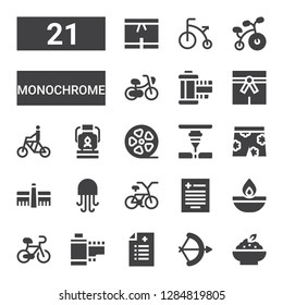 monochrome icon set. Collection of 21 filled monochrome icons included Porridge, Arch, Prescription, Film strip, Bicycle, Oil lamp, Jellyfish, Tate modern, Short, Laser, Film roll
