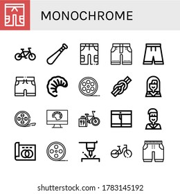 monochrome icon set. Collection of Short, Bicycle, Baseball bat, Shorts, Larva, Film roll, Knot, Native american, Film strip, Painting palette, Greyscale, Laser icons