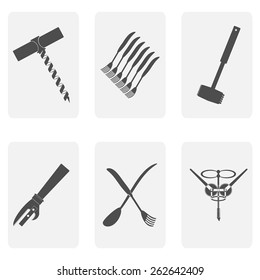 monochrome icon set with corkscrew, forks and spoons