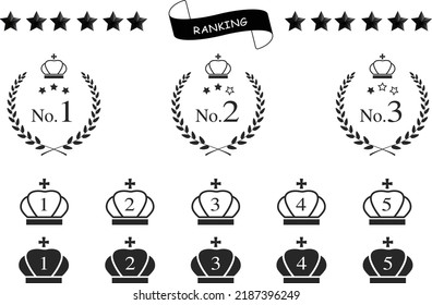 Monochrome icon set with crown and laurel wreath. Ranking concept. Vector material with changeable colors.
