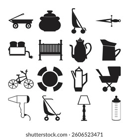 Monochrome Icon Set, Diverse Objects, Simple Graphics Vector Illustrations, Black and White