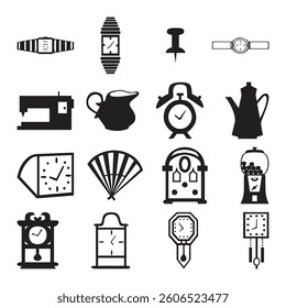 Monochrome Icon Set, Diverse Objects, Simple Graphics Vector Illustrations, Black and White