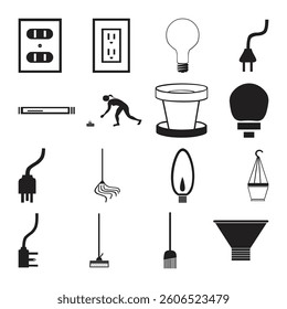 Monochrome Icon Set, Diverse Objects, Simple Graphics Vector Illustrations, Black and White