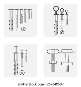 monochrome icon set with dowel nails, nuts and bolts.