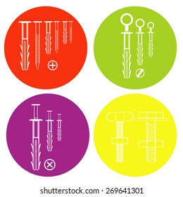 monochrome icon set with dowel nails, nuts and bolts.