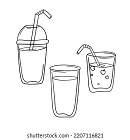 Juego de iconos monocromos, batido de frutas con un tubo de bebida en una taza, ilustración vectorial en estilo de dibujos animados sobre un fondo blanco