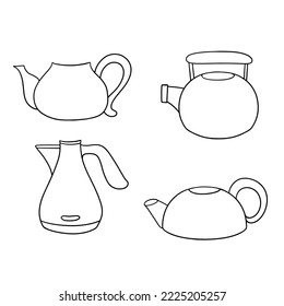 Conjunto de iconos monocromos. hervidor para hervir agua y preparar té, ilustración vectorial en estilo de dibujos animados sobre fondo blanco