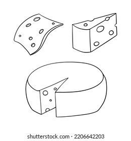 Monochrome icon set, large cheese head, cheese slice, triangular piece of cheese, cartoon-style vector on white background