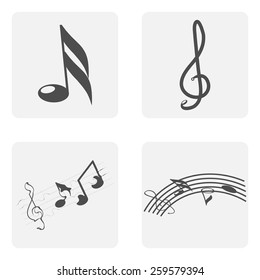 monochrome icon set with notes and treble clef