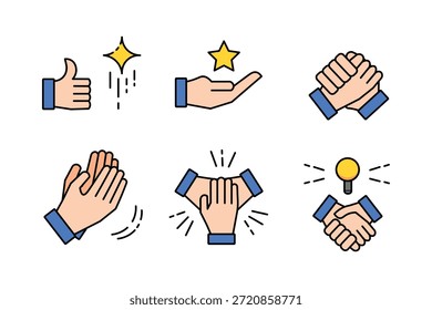 Conjunto de iconos monocromáticos que representan los conceptos del Día de la Apreciación del Empleado a través de gestos de aprecio, gratitud, reconocimiento, trabajo en equipo y Asistencia. Incluye aplausos, apretones de manos, pulgares hacia arriba, aplausos y símbolos de apreciación. Ideal para comunicación corporativa, contenido de recursos humanos, programas de participación de empleados, campañas de motivación en el lugar de trabajo, presentaciones comerciales, Sitios web y materiales de marketing profesional.