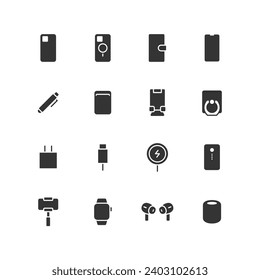 Monochrome icon set of smartphone accessories.