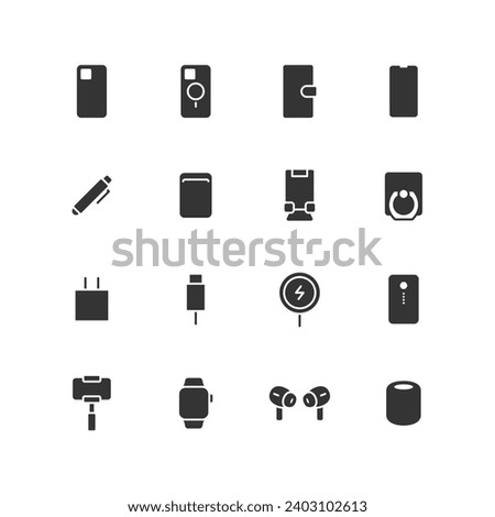 Monochrome icon set of smartphone accessories.