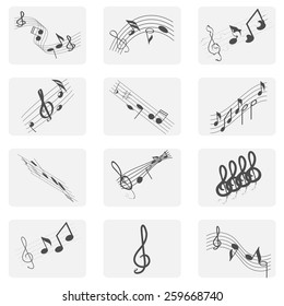 monochrome icon set with treble clef and notes