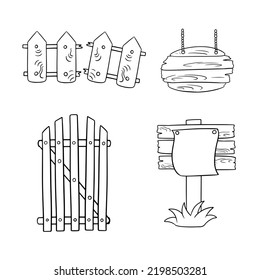 Monochrome Icon Set, Vintage Wooden Objects, Door, Round Sign And Broken Fence, Vector Illustration In Cartoon Style