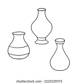Monochrome icon set, wide ceramic flower vase with a narrow neck, jug, vector illustration in cartoon style