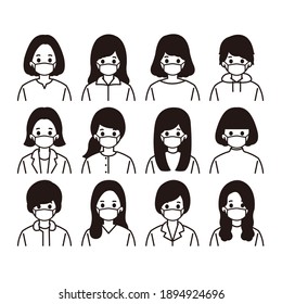 Monochrome icon set for women with masks