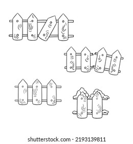 Monochrome Icon Set, Wooden Fence, Fence With A Broken Part, Vector Illustration In Cartoon Style On A White Background