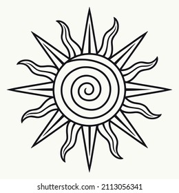 Monochrome icon of sun with beams and twisted elements, vector illustration