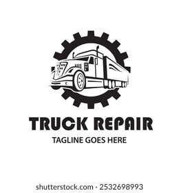 monochrome icon of truck repair service with gear isolated on white background