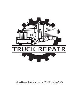 monochrome icon of truck repair service with gear isolated on white background