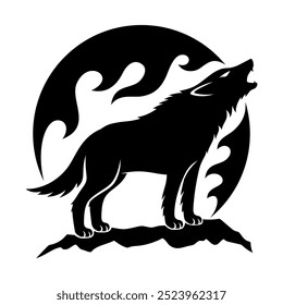 Monochrome icon wolf howling at the moon on white background.