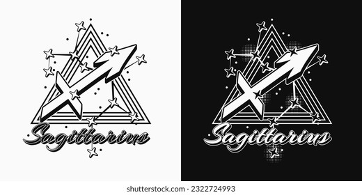 Monochrome icon of zodiac sign Sagittarius with constellation with stars, text, triangle as alchemical symbol for fire element. Horoscope esoteric design elements. Vintage style.