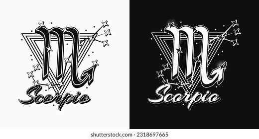 Monochrome icon of zodiac sign Scorpio with constellation with stars, text, triangle as alchemical symbol for water element. Horoscope esoteric elements. Vintage style.