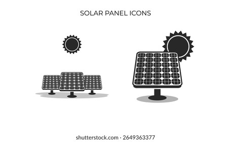 Ícones monocromáticos mostram painéis solares aproveitando a energia solar, ilustrando a geração de energia renovável.