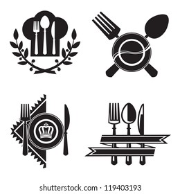 monochrome icons with dish, knife and fork