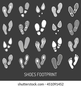 Monochrome icons set of pair shoes footprint with black background  vector illustration