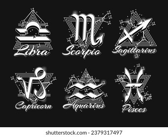 Monochrome icons of zodiac sign Libra, Scorpio, Sagittarius, Capricorn, Aquarius, Pisces with constellation, text, triangle as alchemical symbol of the elements. Horoscope symbols on black background