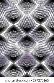 Patrón uniforme abstracto monocromo iluminado con formas geométricas superpuestas. Fondo transparente con revestimiento simétrico vectorial en blanco y negro.