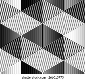 Monochrome illusory abstract geometric seamless pattern with 3d geometric figures. Vector black and white striped backdrop.