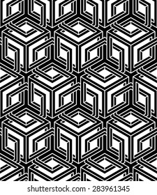 Monochrome illusory abstract geometric seamless pattern with 3d geometric figures. Vector black and white striped backdrop.