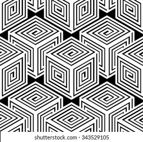 Monochrome illusory abstract geometric seamless pattern with 3d geometric figures. Vector black and white striped wallpaper.