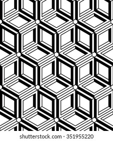 Monochrome illusory abstract geometric seamless pattern with 3d geometric shapes, rhombs. Vector black and white striped wallpaper.