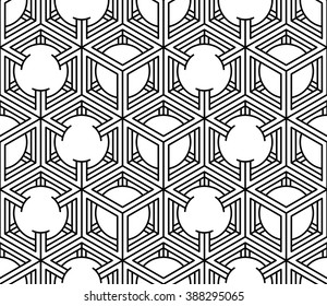 Monochrome illusory abstract geometric seamless pattern with 3d geometric figures. Vector black and white striped backdrop.