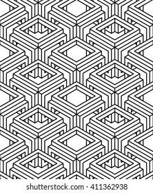 Monochrome illusory abstract geometric seamless pattern with 3d geometric figures. Vector black and white striped backdrop.